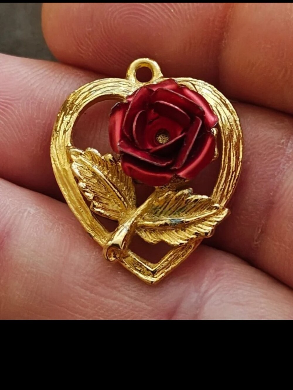 1970s/80s Gold Tone Heart & Red Rose Pendant Charm